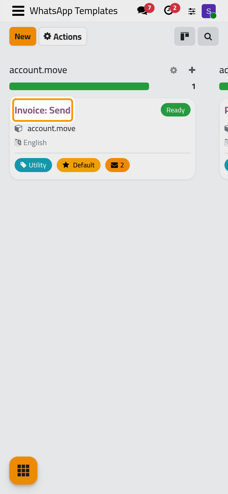 The active templates, grouped by the kind of record they serve, each with its status, language and category.