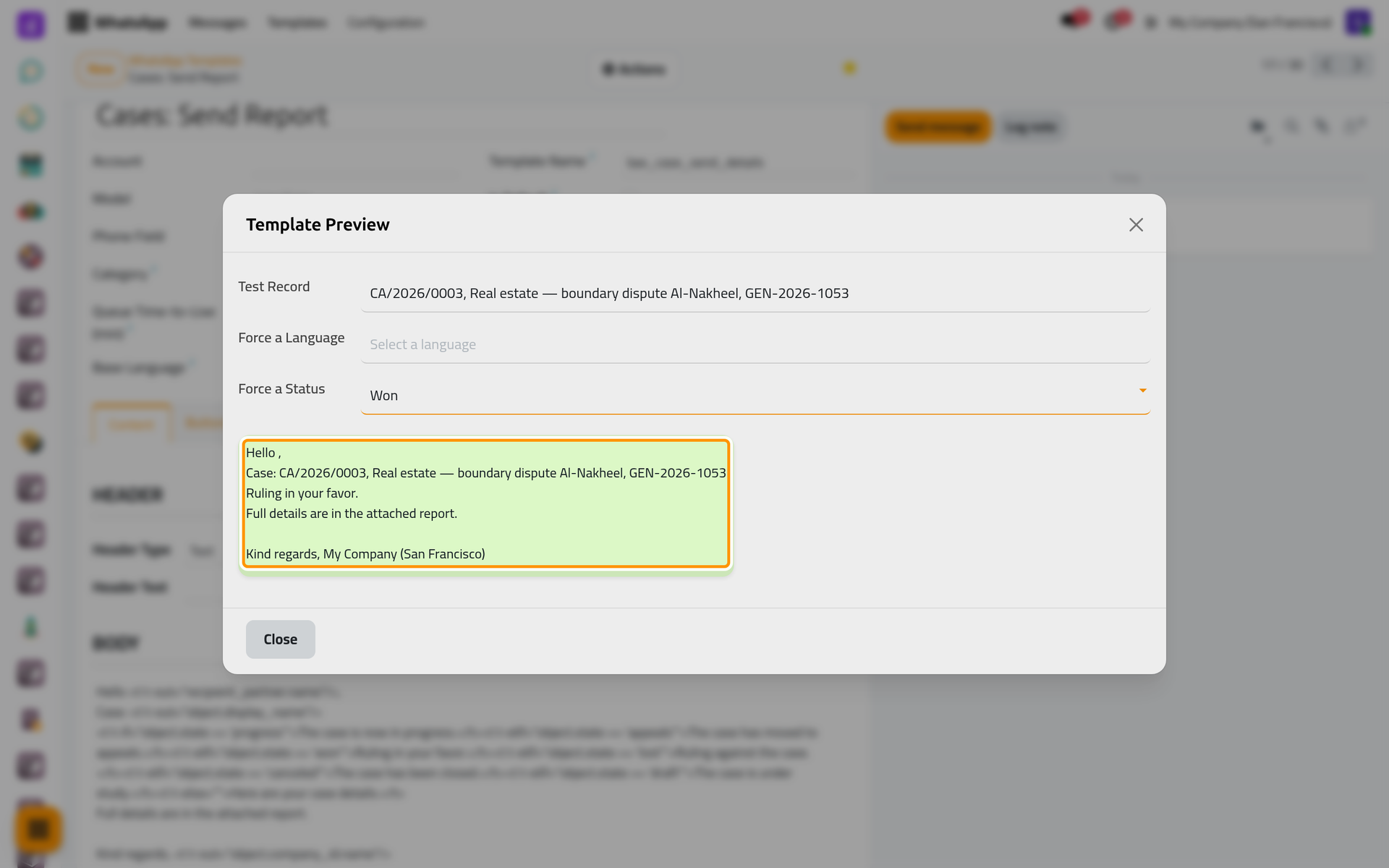 The preview of case CA/2026/0003 with the status forced to Won; nothing is saved or sent.
