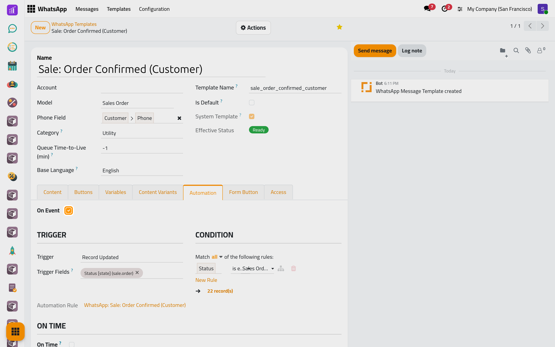 Sent when a quotation is updated and its status becomes Sales Order; On Time stays off.