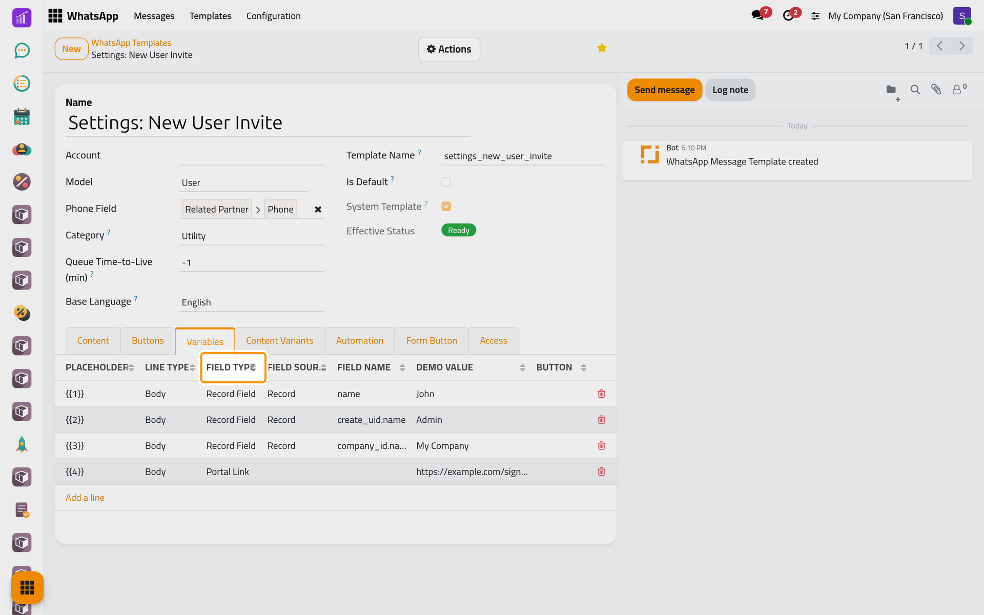 The four placeholders of the invitation, three read from the user and one portal link.