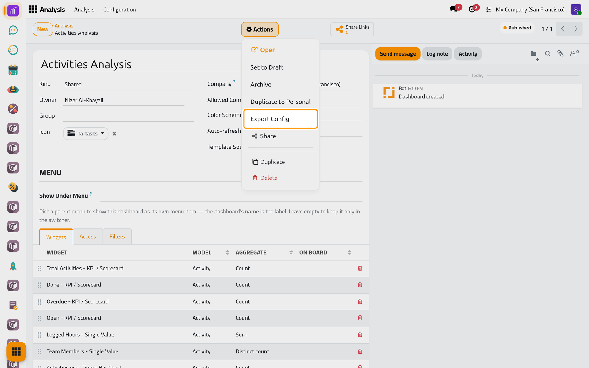 Export Config downloads the design of the dashboard as a JSON file.