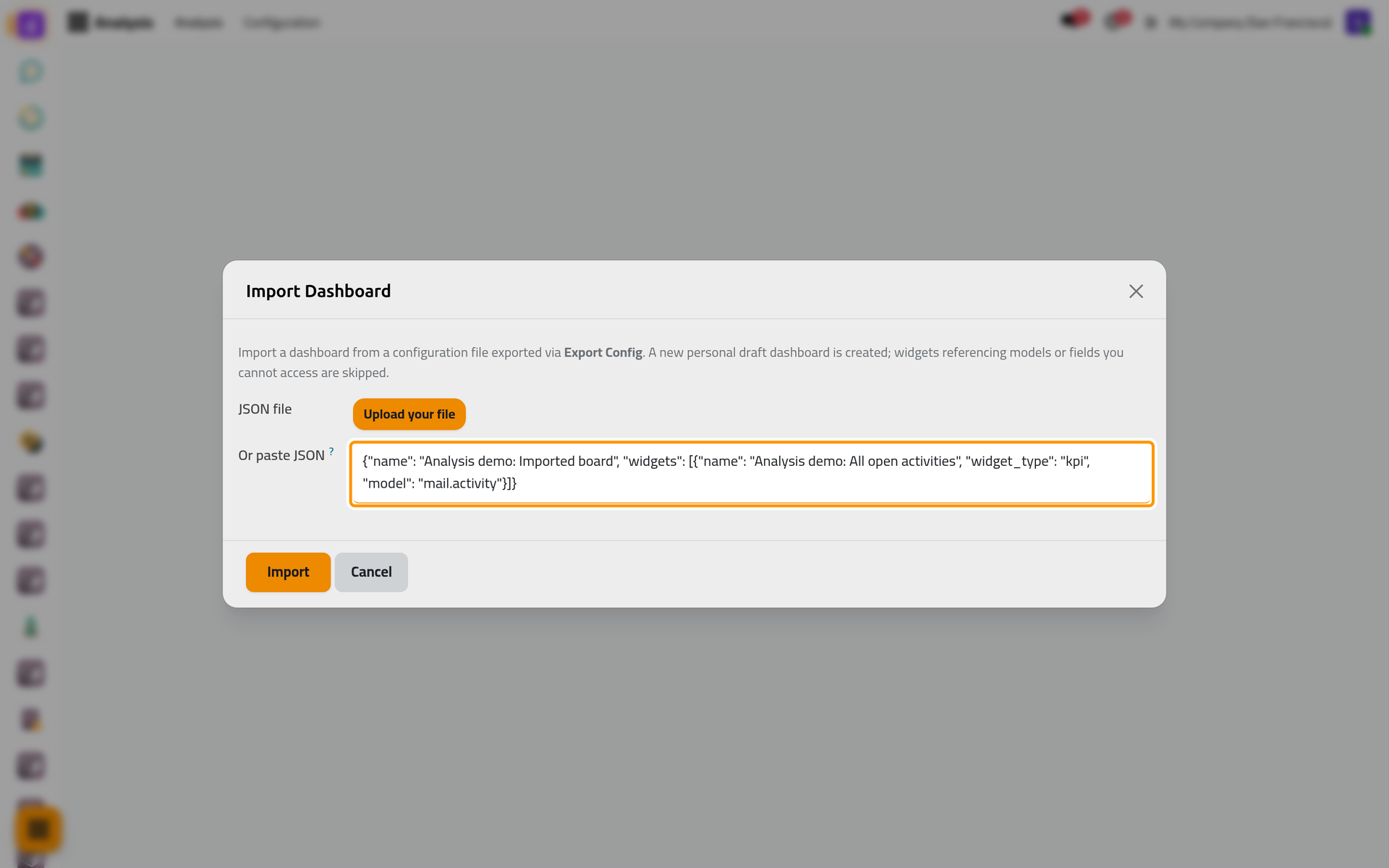 A dashboard design pasted in the Import Dashboard dialog.