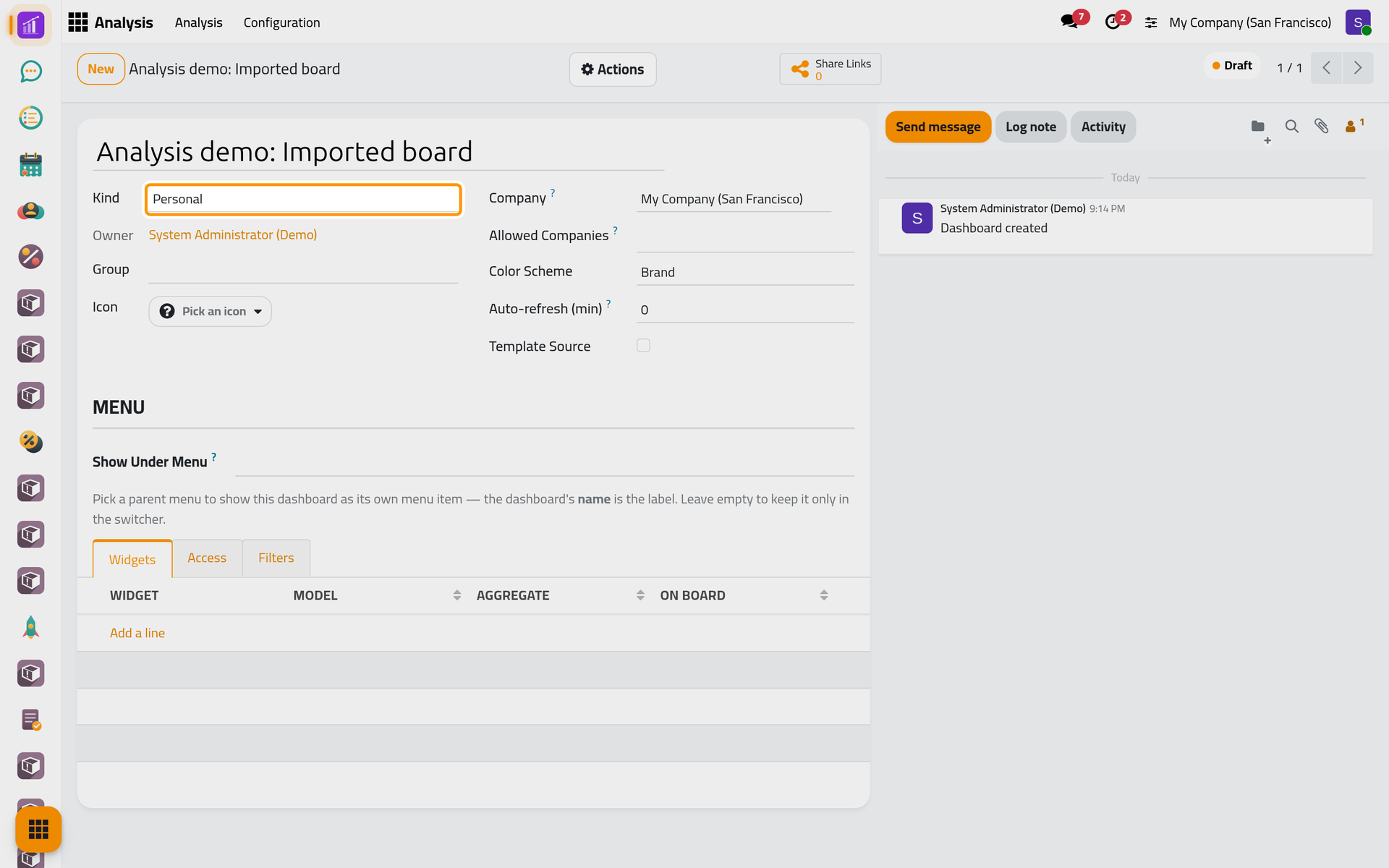 The imported dashboard, a personal draft of yours with the widget of the file.