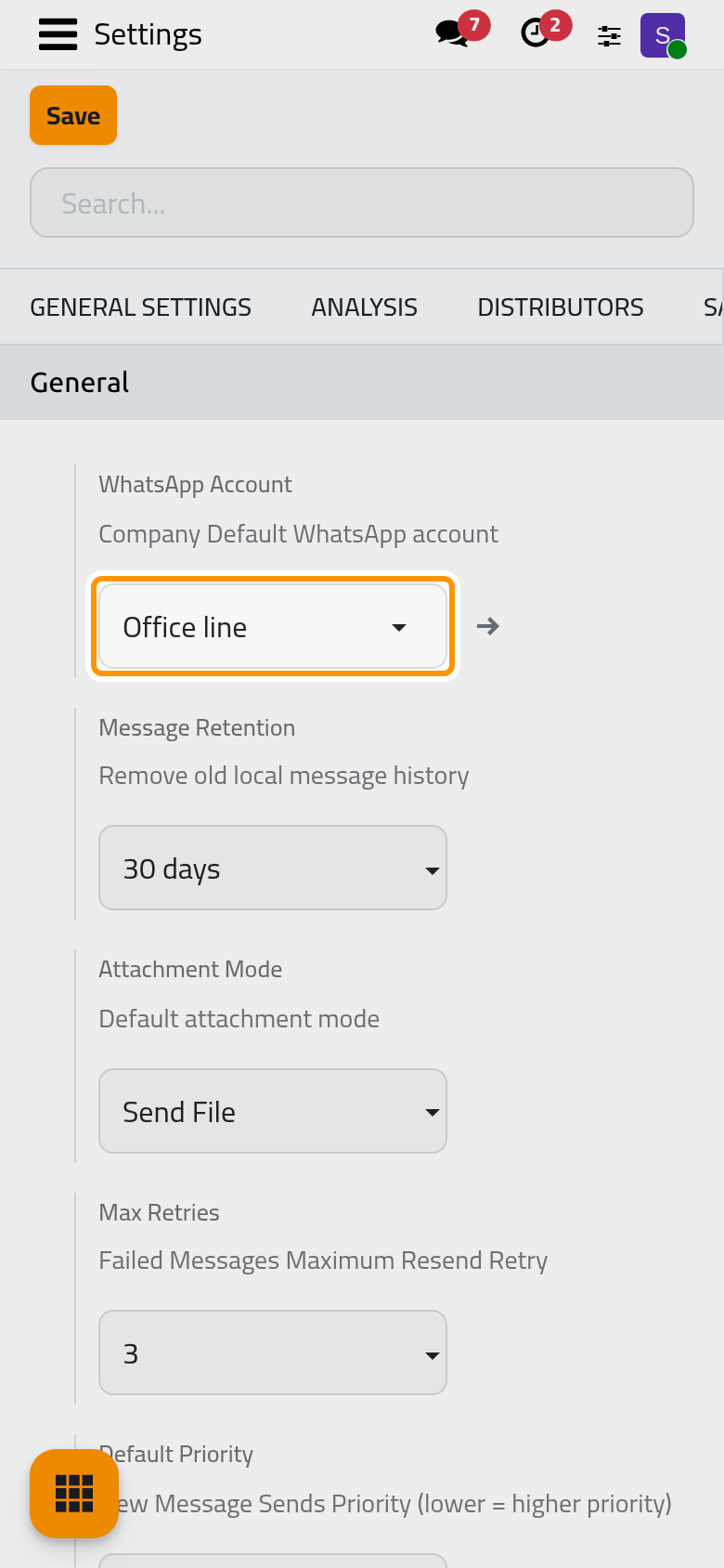 The General group of the WhatsApp settings; Office line is the company's default line.