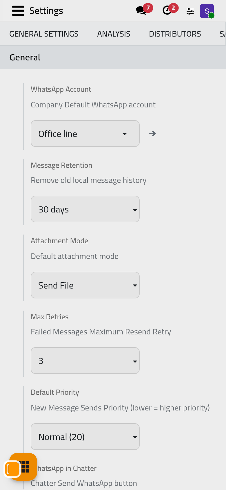 WhatsApp in Chatter is on, so records with a template show the WhatsApp button.