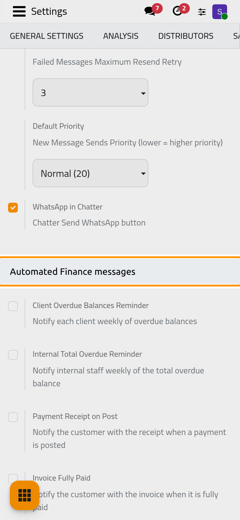 Below General, each app adds the switches of its ready-made templates.