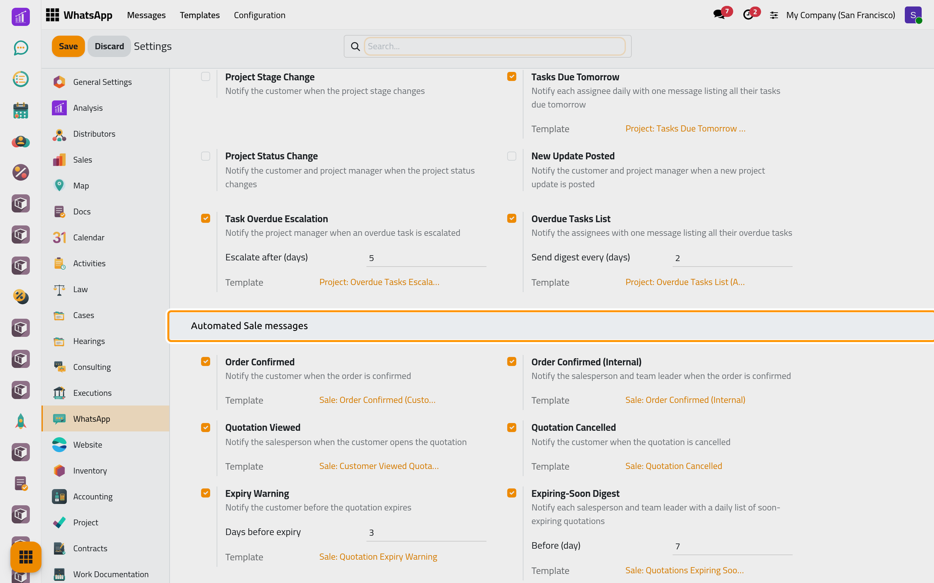 The Automated Sale messages group, one switch per ready-made template.