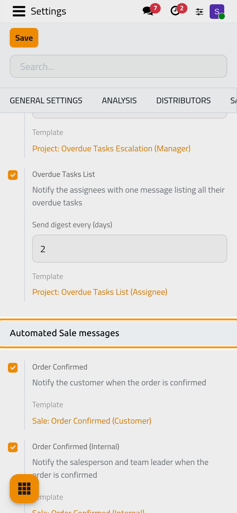 The Automated Sale messages group, one switch per ready-made template.
