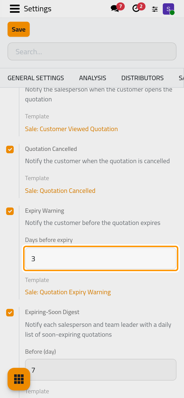 Days before expiry sets when the expiry warning leaves; Before (day) sets the window of the daily list.