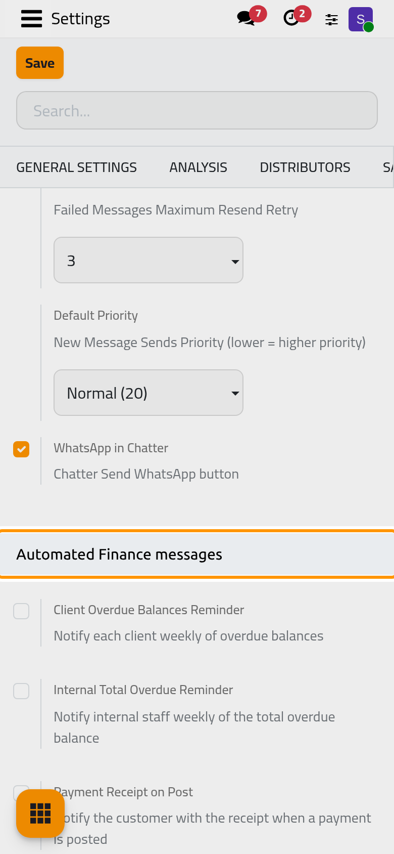 The four automatic accounting messages, all off after installation.