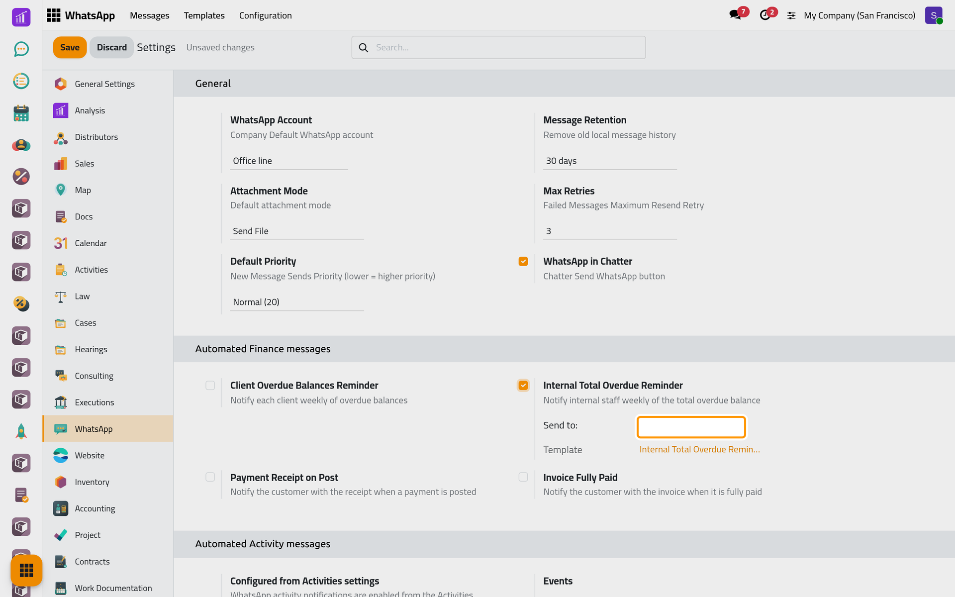 The internal reminder goes to the contacts listed in Send to.