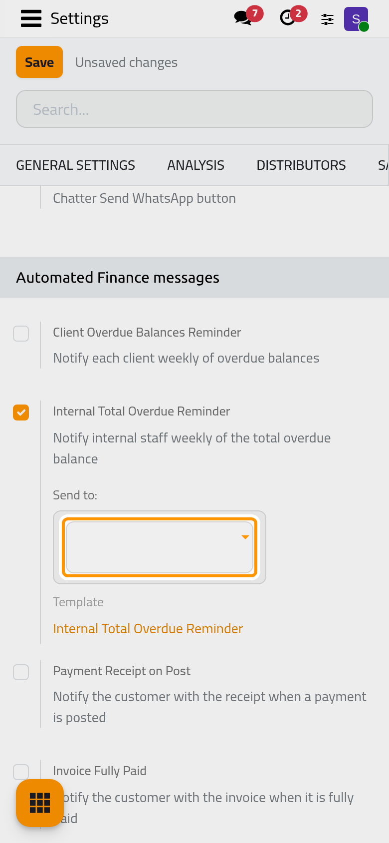 The internal reminder goes to the contacts listed in Send to.