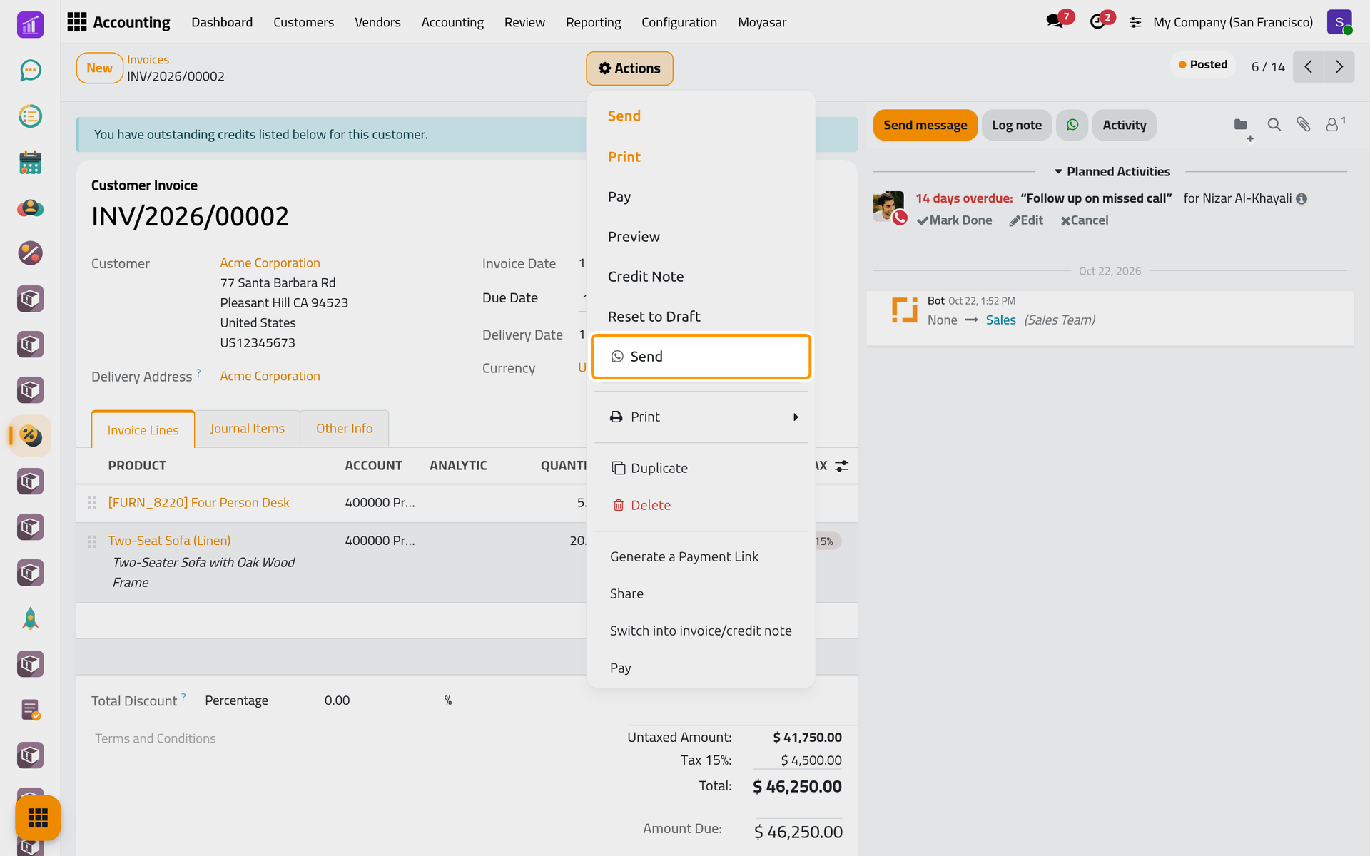 On an invoice, the same entry opens the composer with Invoice: Send and the PDF.