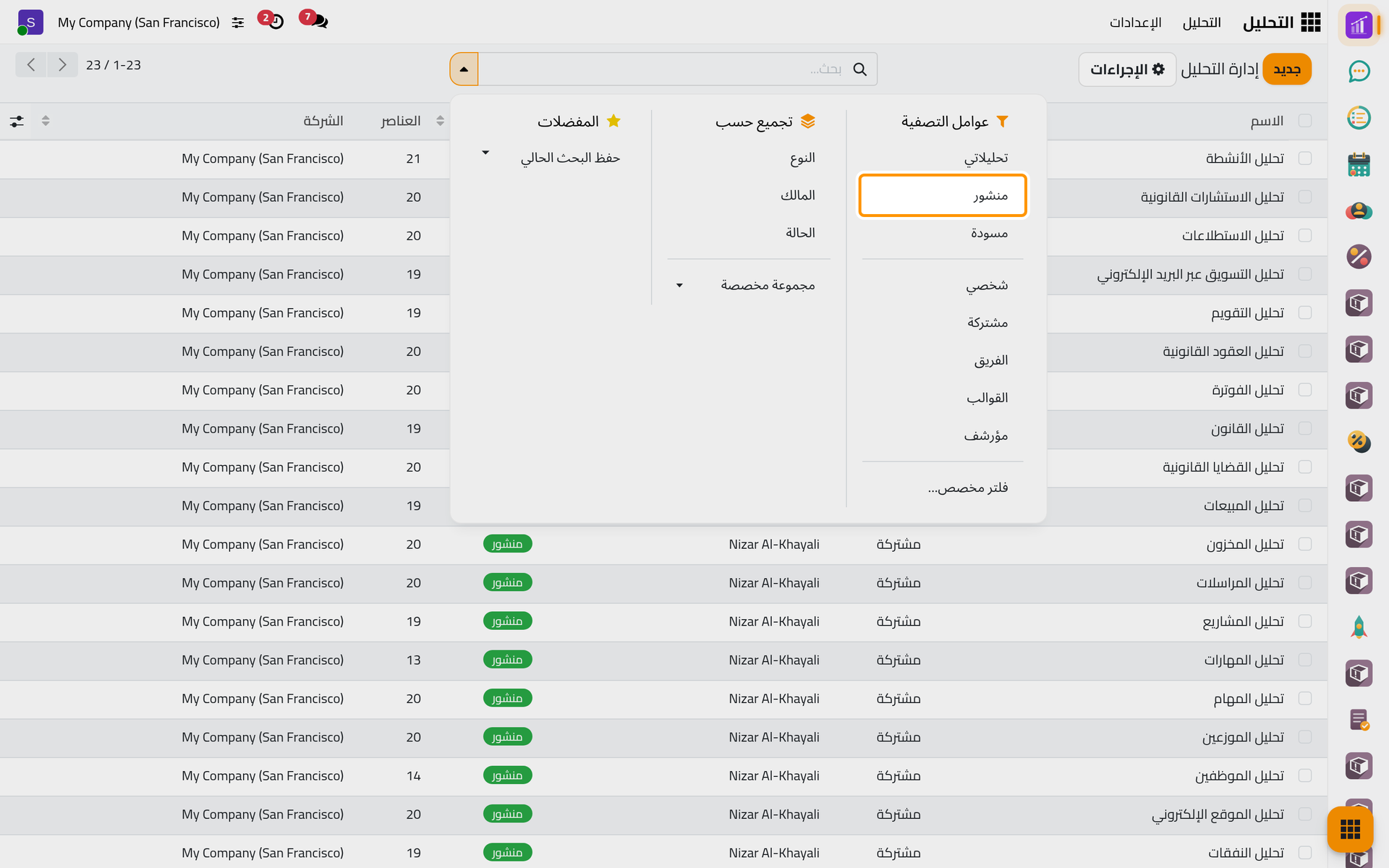 عوامل التصفية والتجميع في إدارة التحليل.