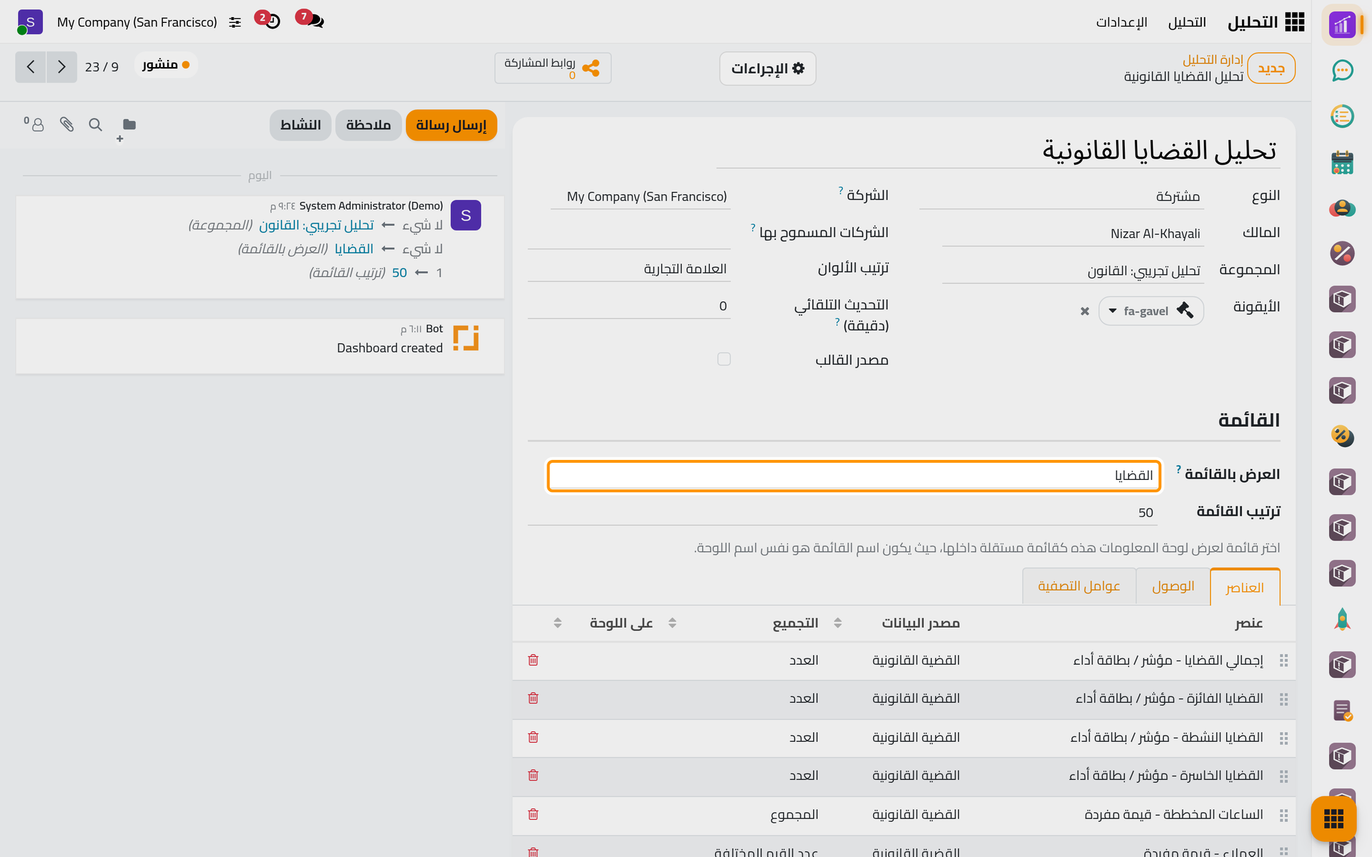 لوحة تحليل القضايا القانونية ضمن مجموعتها، وتظهر في قائمة تطبيق القضايا بعد قوائمه.