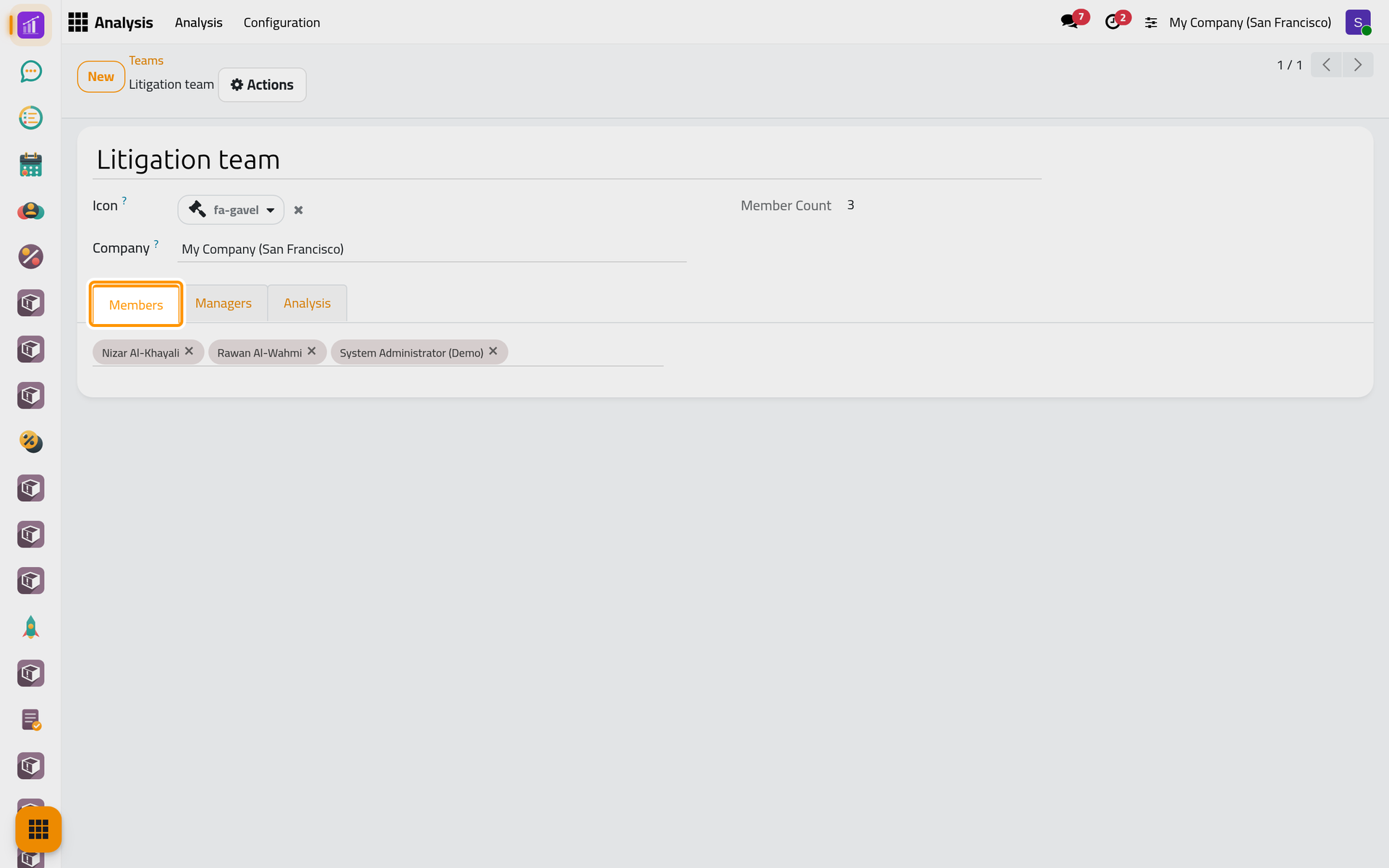 The Litigation team and its three members; the Managers tab names who may edit its dashboards.
