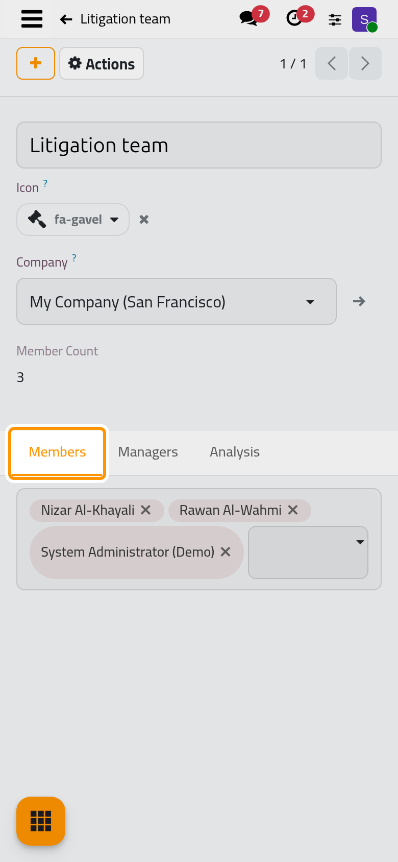The Litigation team and its three members; the Managers tab names who may edit its dashboards.
