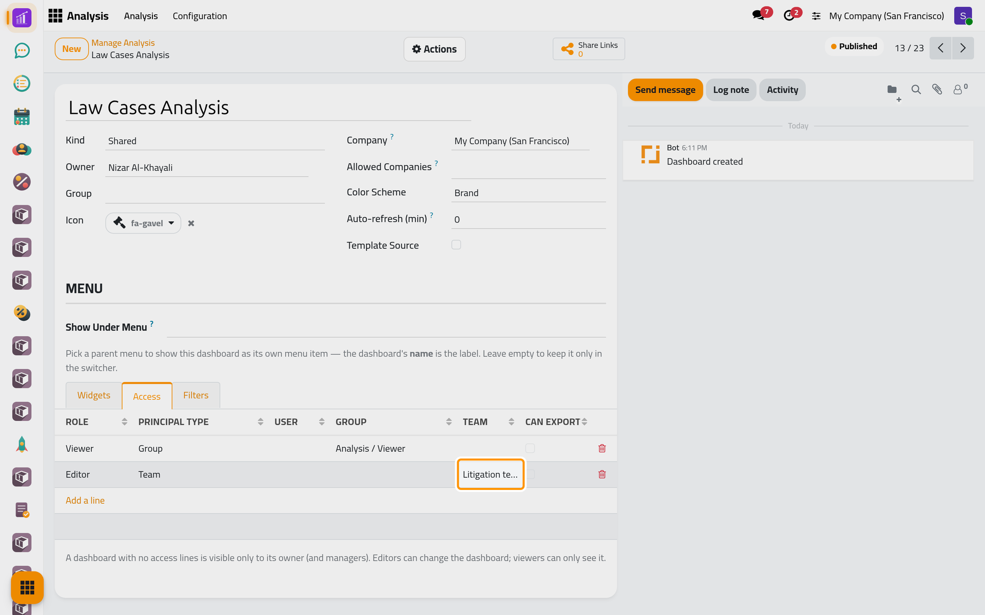 Every holder of the Viewer right sees the dashboard; the Litigation team is now its editor, so its members who hold Supervisor may change it.