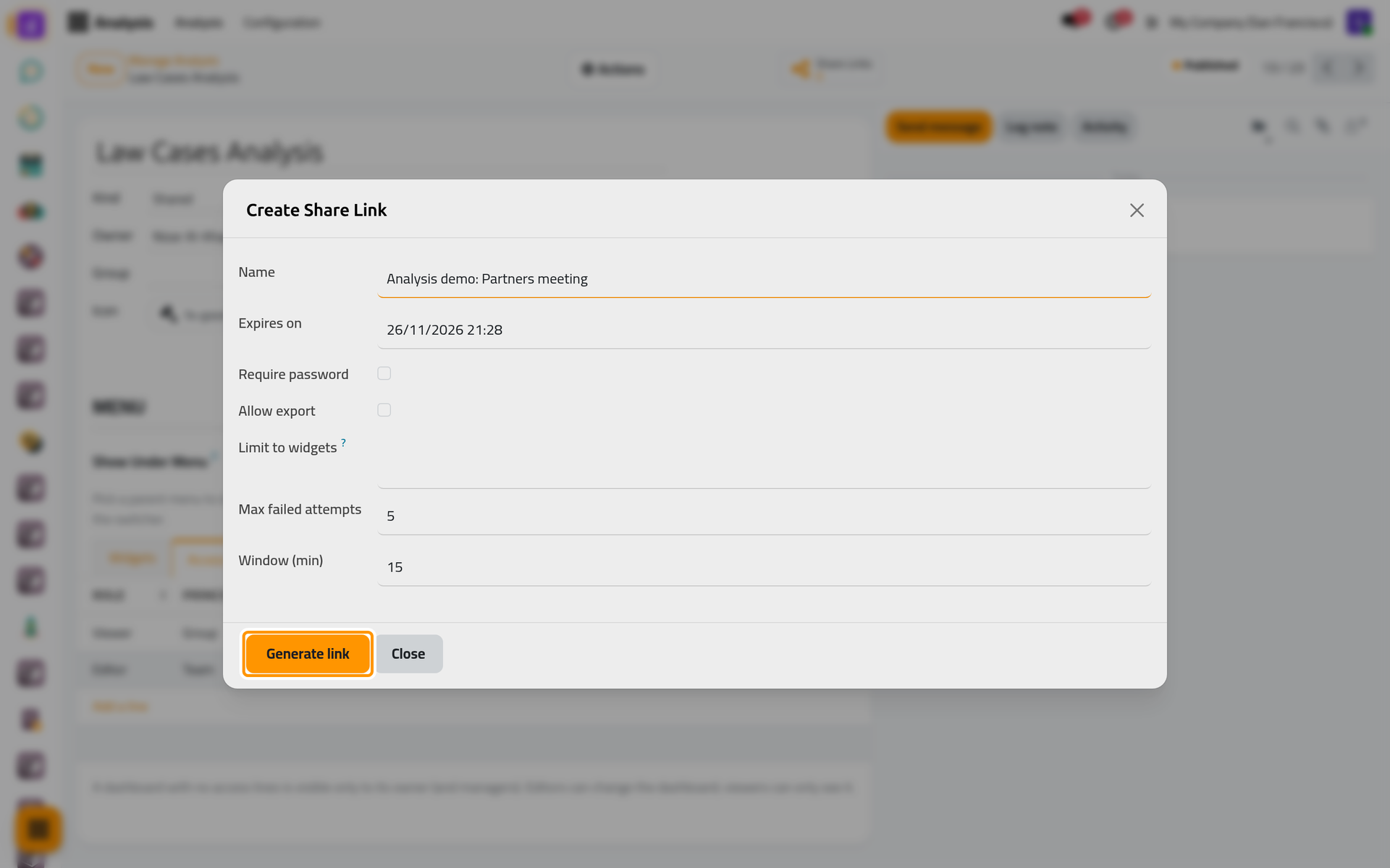 The options of an outside link, before it is generated.