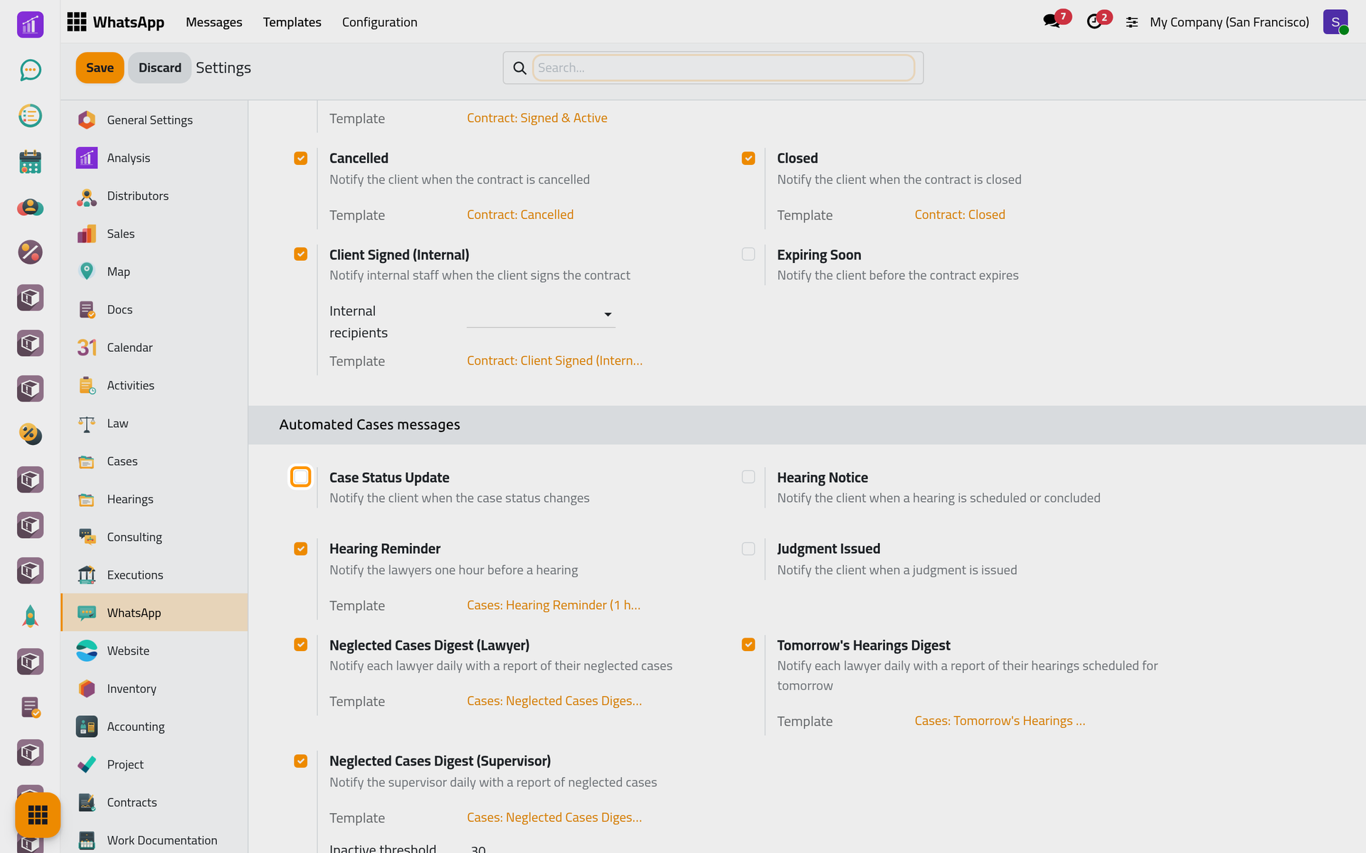 The Cases group of the WhatsApp settings; the three client messages are off, the hearing reminder and the daily lists are on.