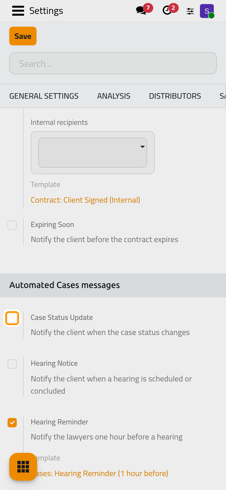 The Cases group of the WhatsApp settings; the three client messages are off, the hearing reminder and the daily lists are on.