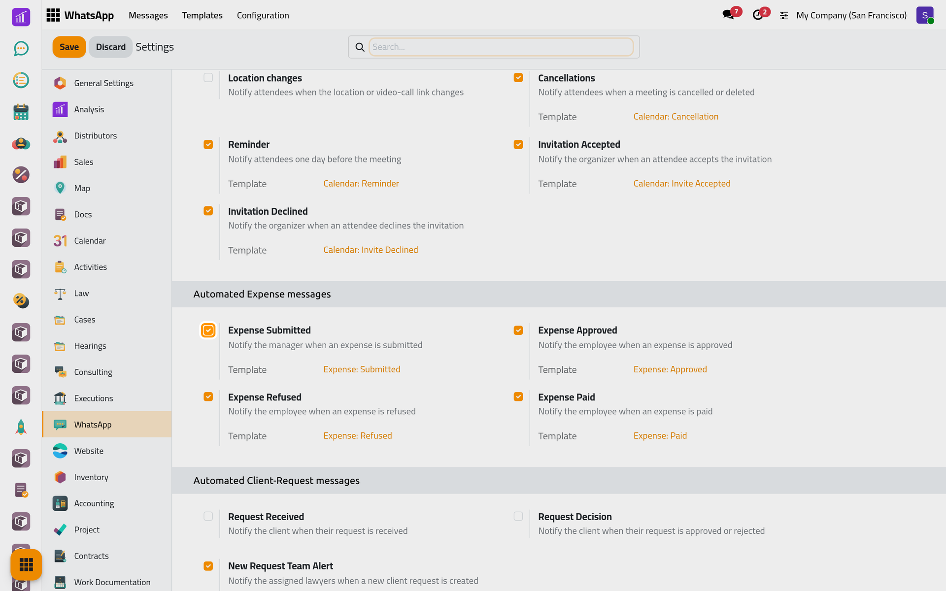 The Automated Expense messages block; all four messages are on, each with its ready-made template.