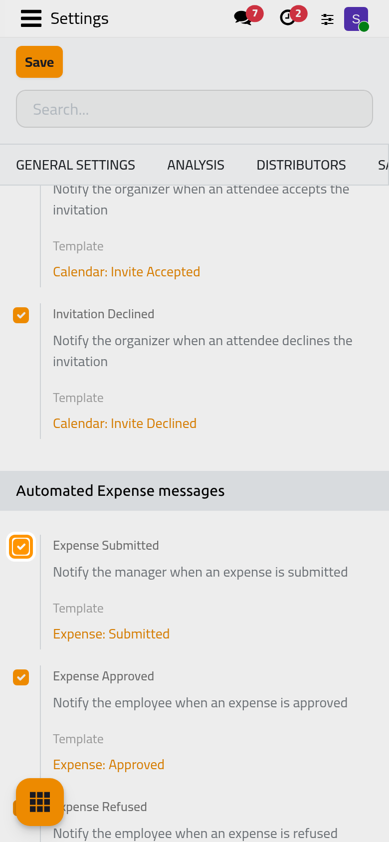 The Automated Expense messages block; all four messages are on, each with its ready-made template.