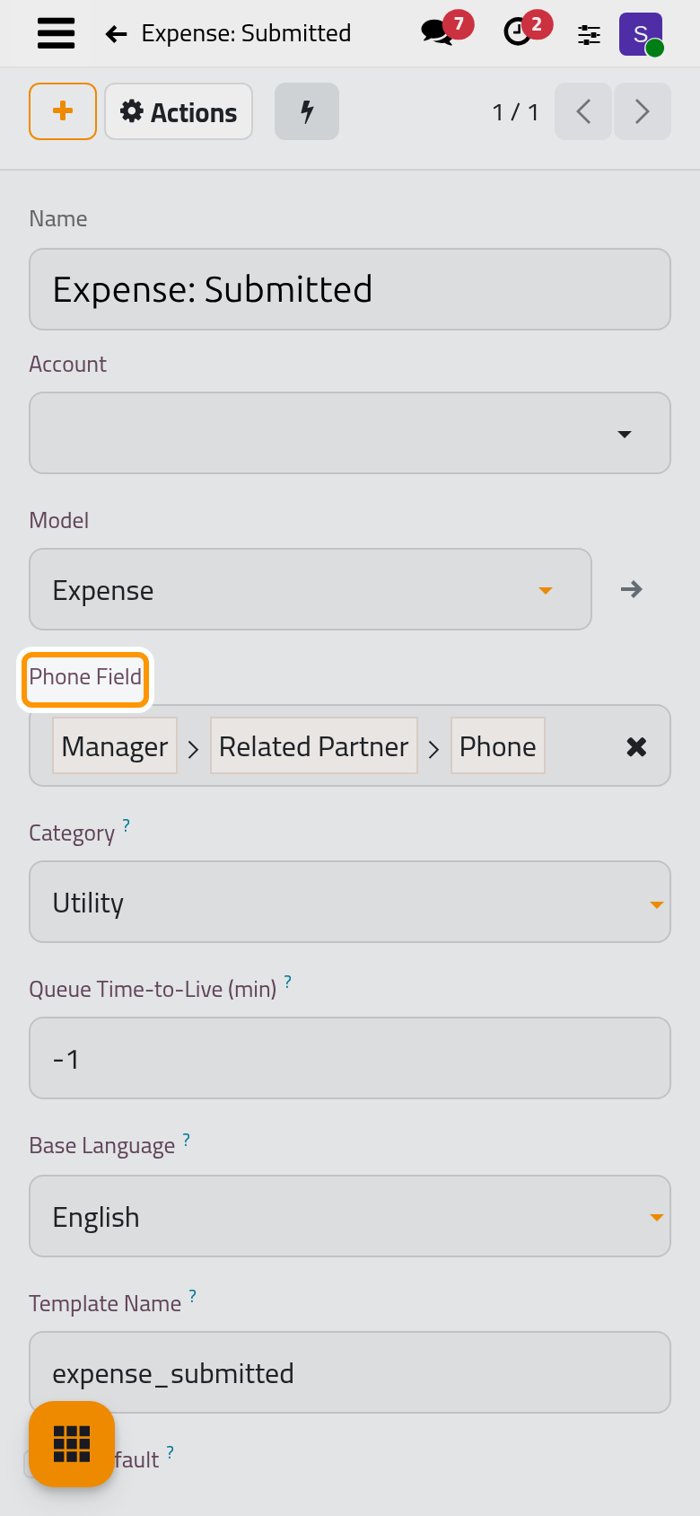 The Expense: Submitted template goes to the phone of the expense's manager.