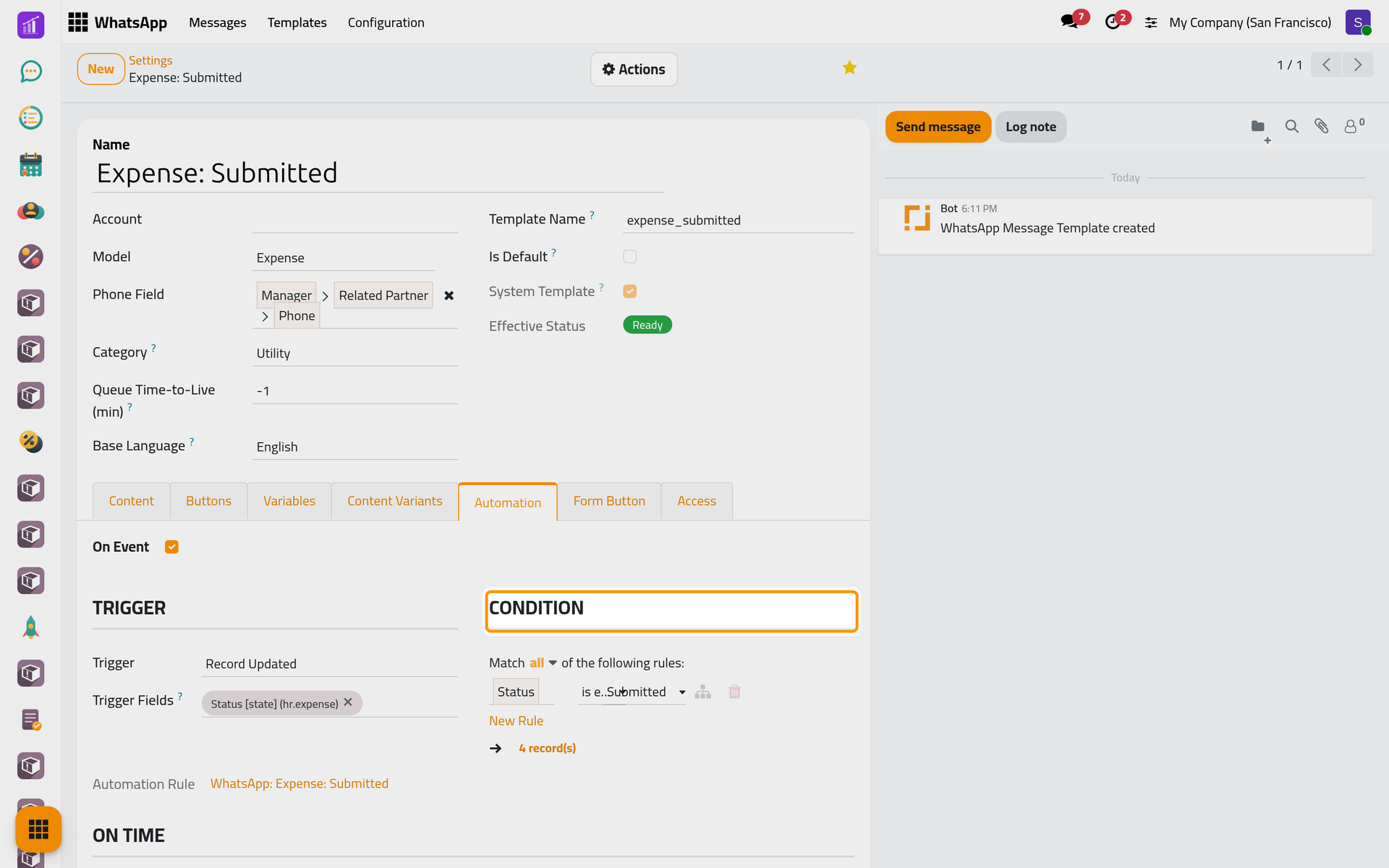 The template leaves when an expense's status is set to Submitted.