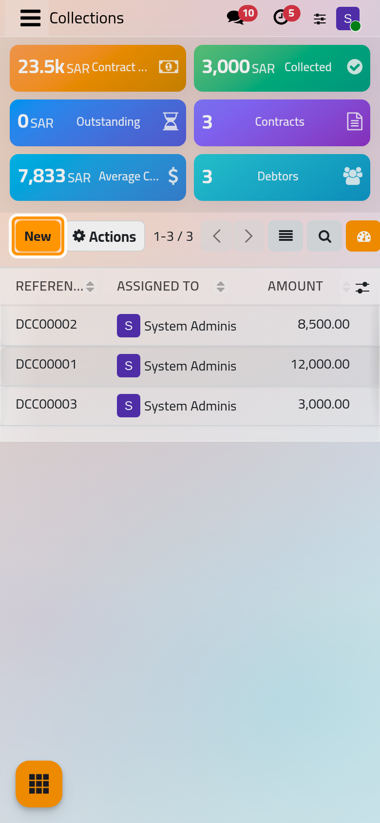 The list of collection contracts, with the figures of the app above it; New starts a contract.