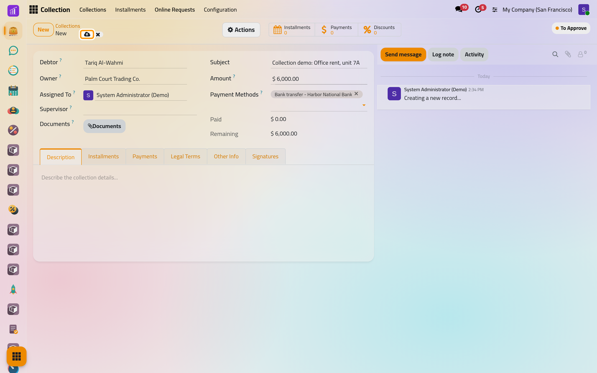 The new contract with its debtor, owner, assigned user, subject, amount and payment method, before it is saved.