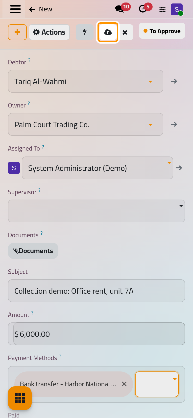 The new contract with its debtor, owner, assigned user, subject, amount and payment method, before it is saved.