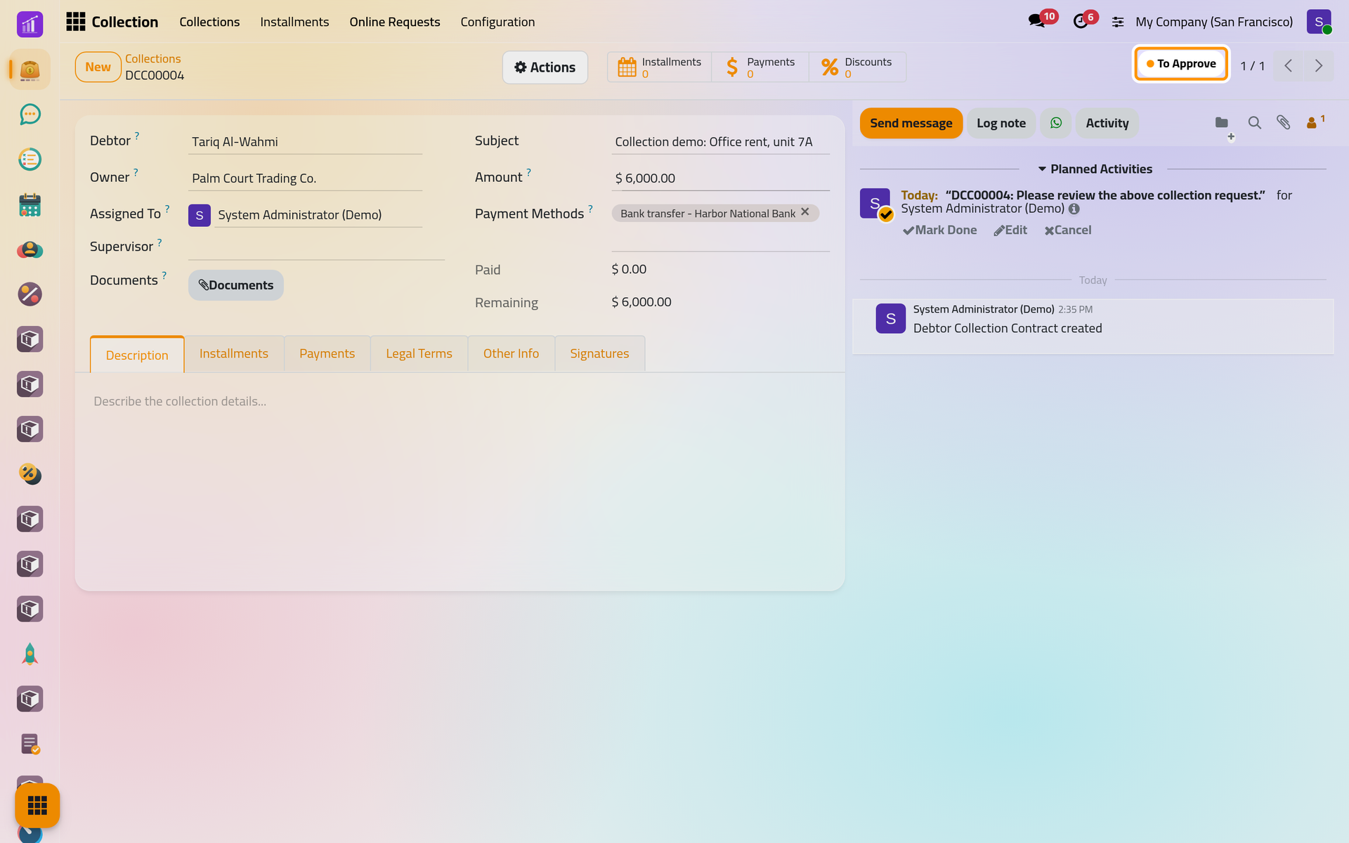 Saved, the contract takes its reference and the To Approve status, and its assigned user gets a to-do activity.