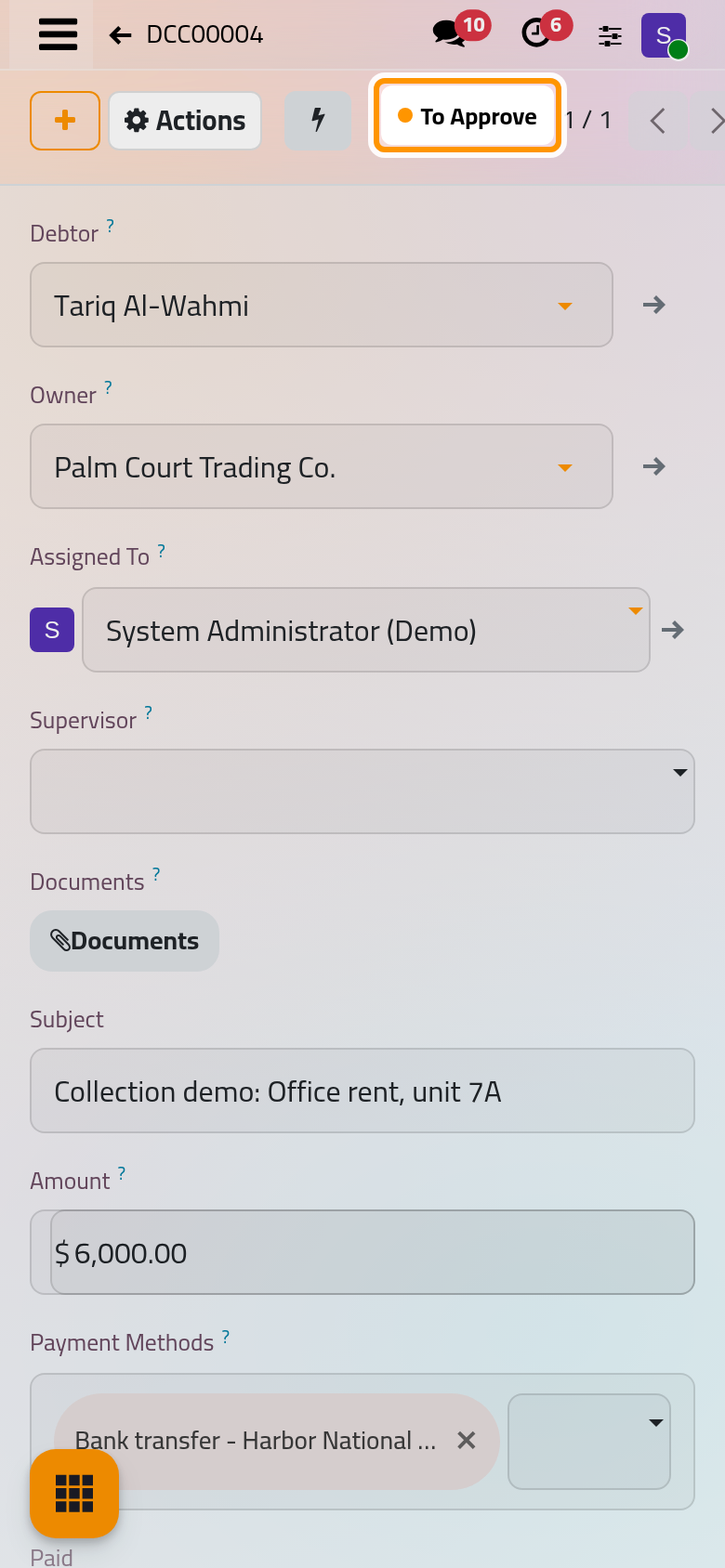 Saved, the contract takes its reference and the To Approve status, and its assigned user gets a to-do activity.