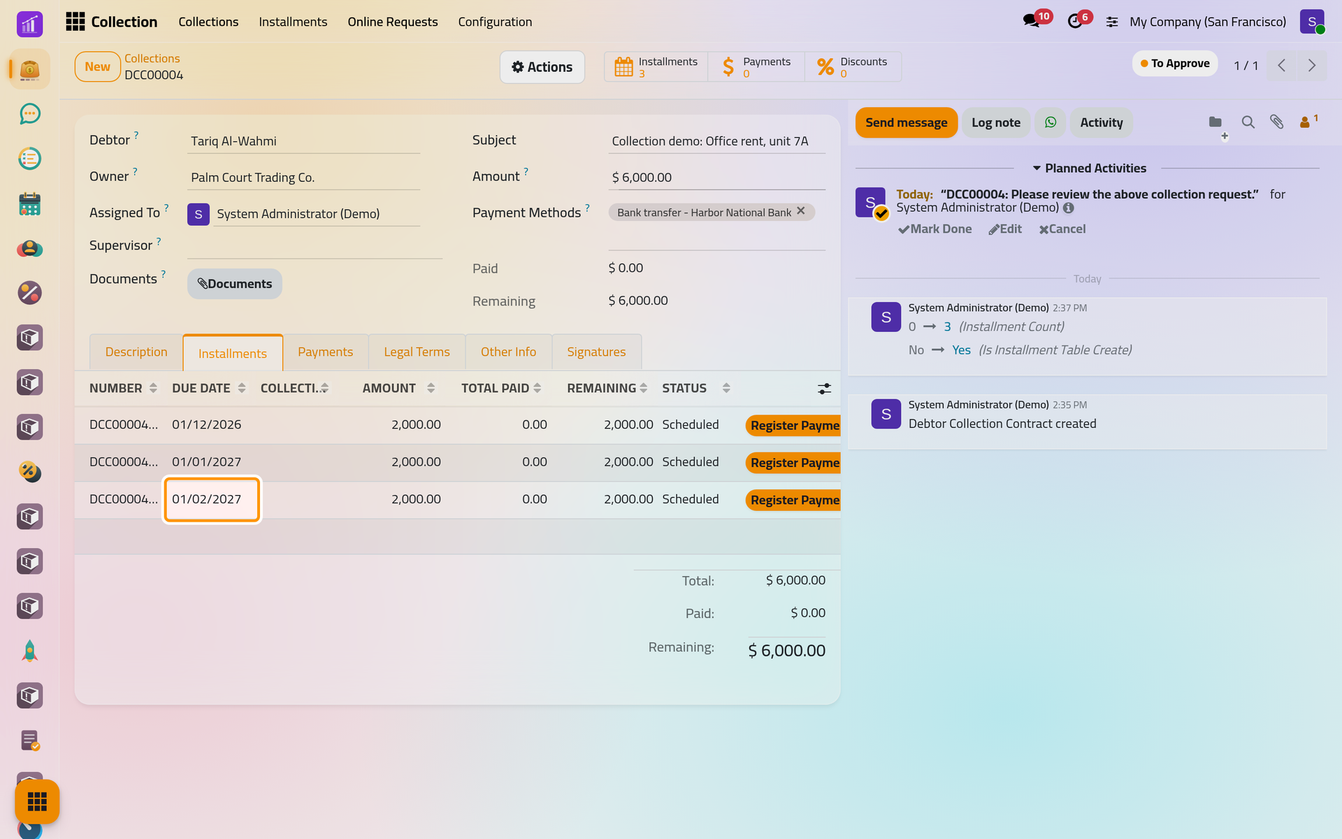 The schedule, three installments of 2,000 due on the first day of December, January and February.