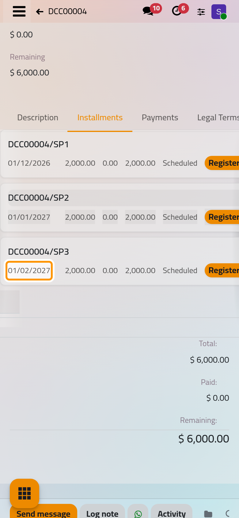 The schedule, three installments of 2,000 due on the first day of December, January and February.
