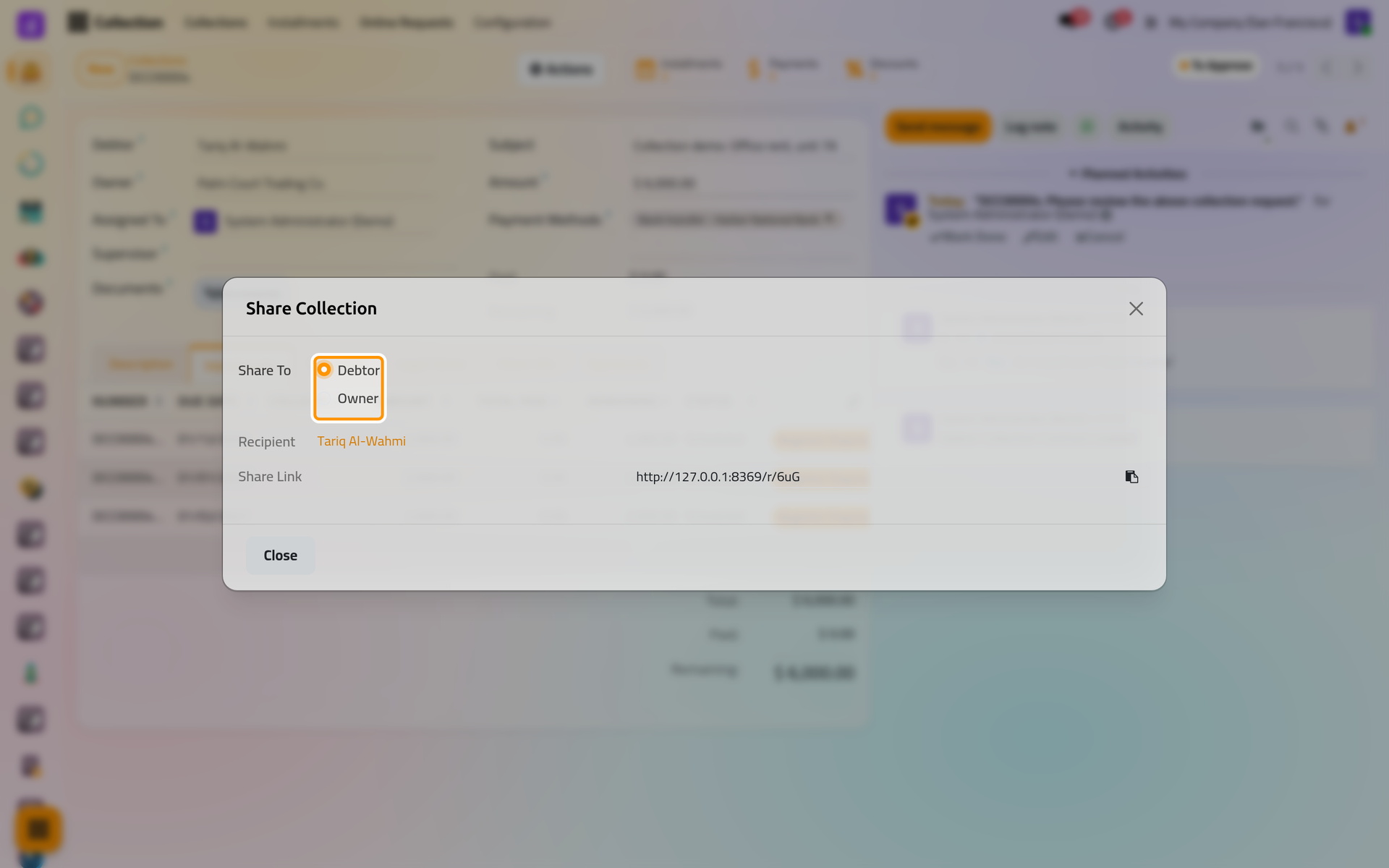 The debtor's own signing link, ready to copy; choosing Owner shows the owner's link.