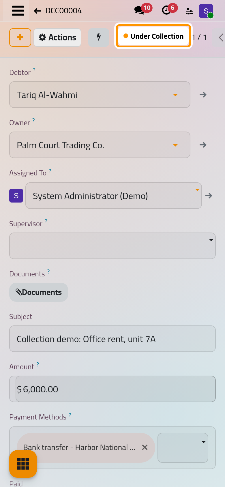 The contract is now Under Collection, and its installments wait for their payments.