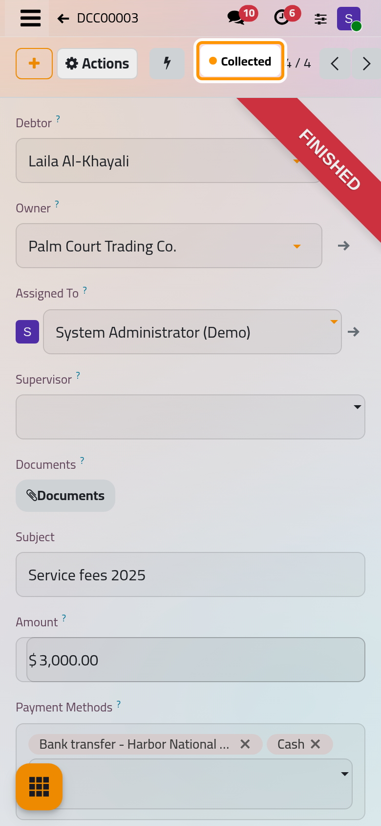 A contract paid in full and closed as Collected, with nothing remaining.