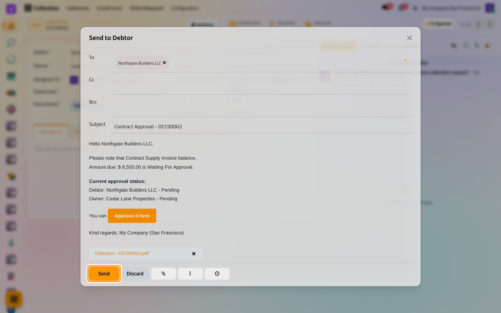 The approval request for the debtor, with its signing button and the contract's PDF attached.