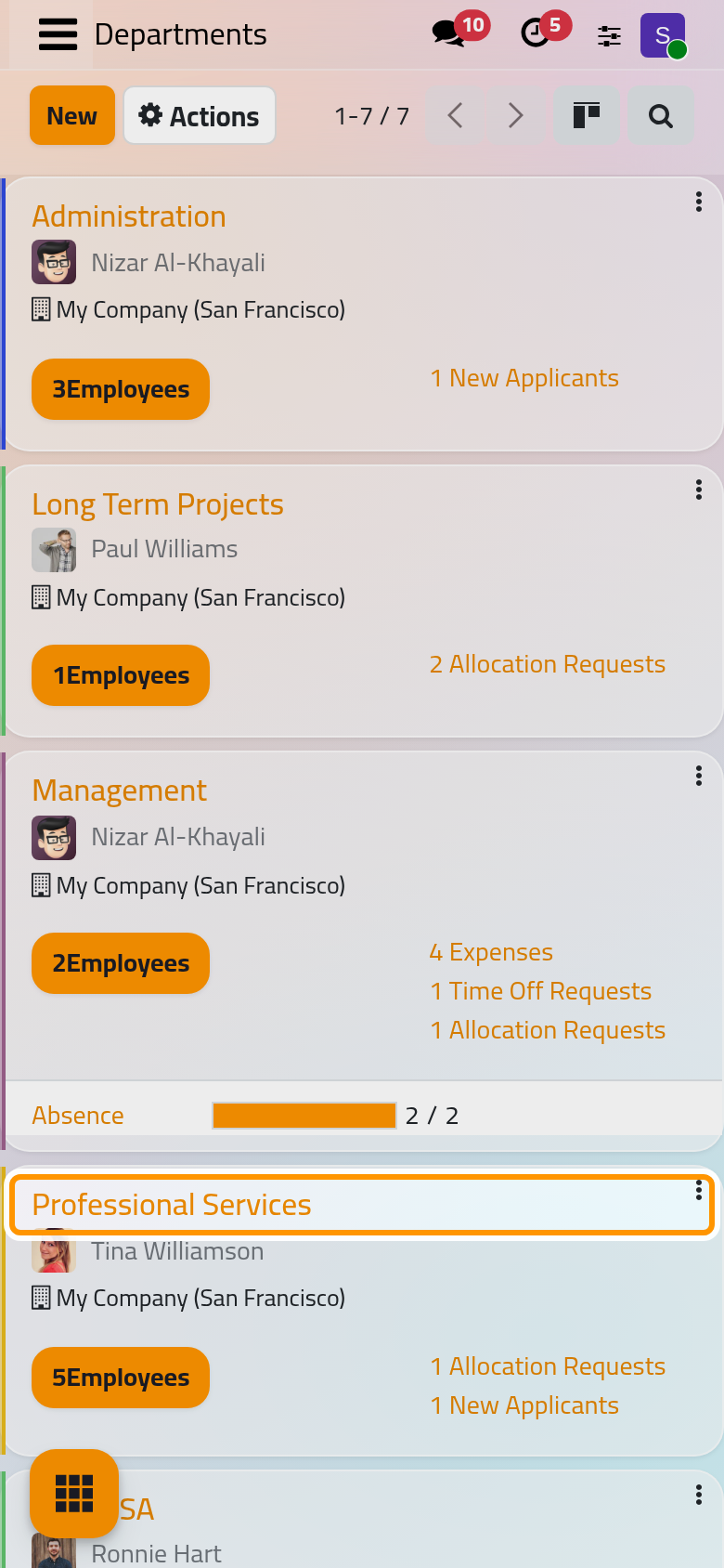 One card per department, with its manager, its company and the number of its employees.