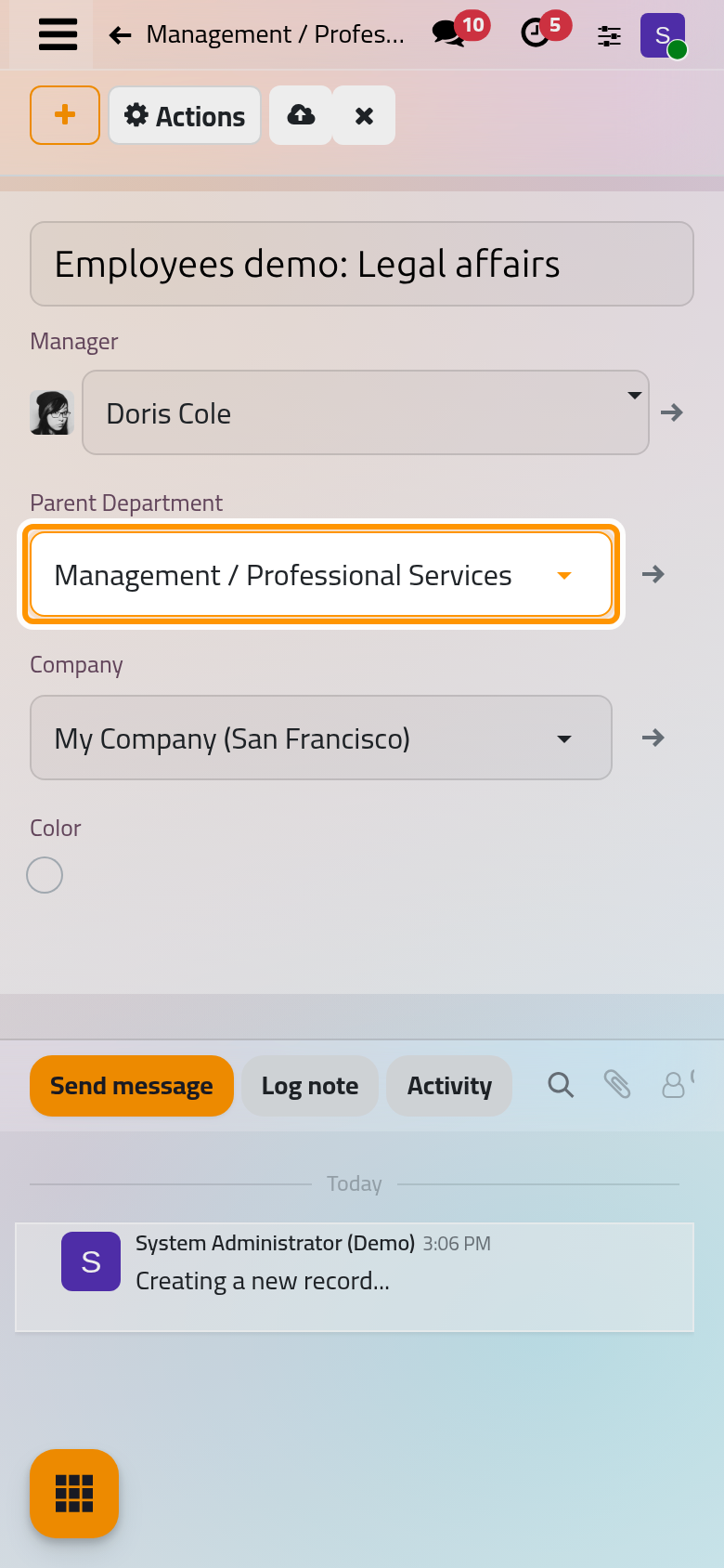 A new department with its manager and the department it belongs to.