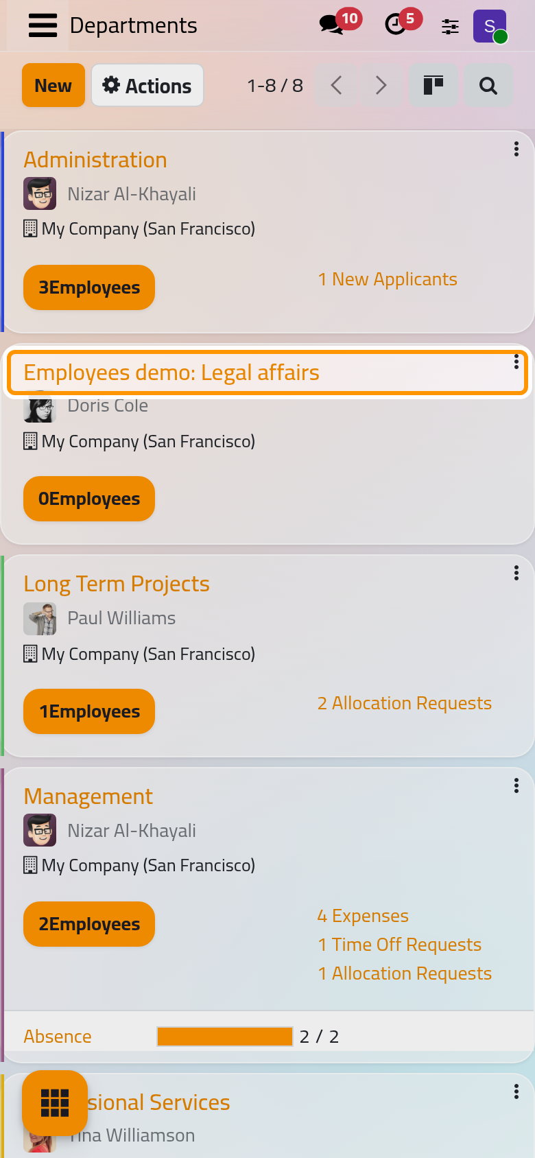 The new department has its own card, still without employees.