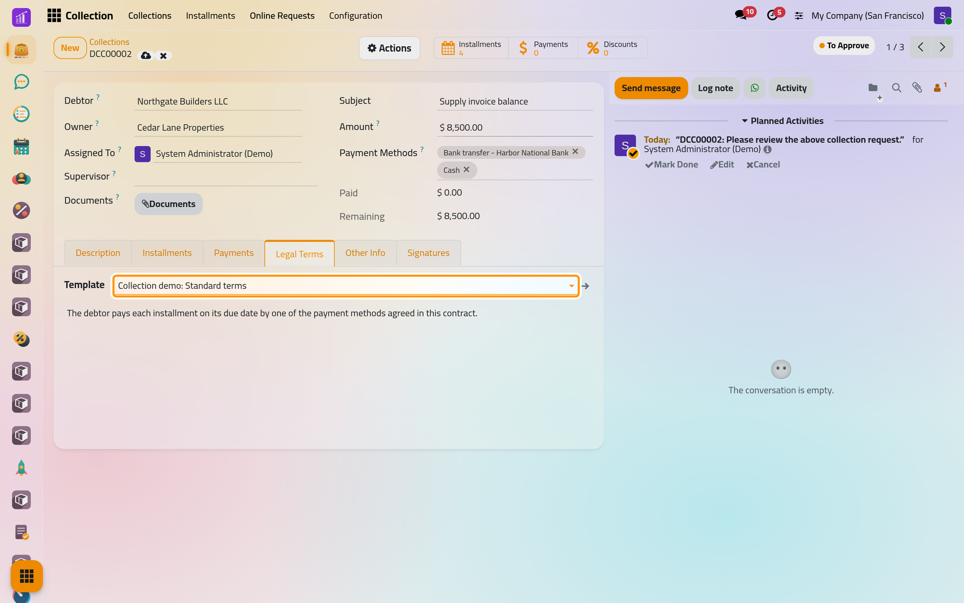 The template's text copied into the Legal Terms tab of DCC00002, where it can still be edited.