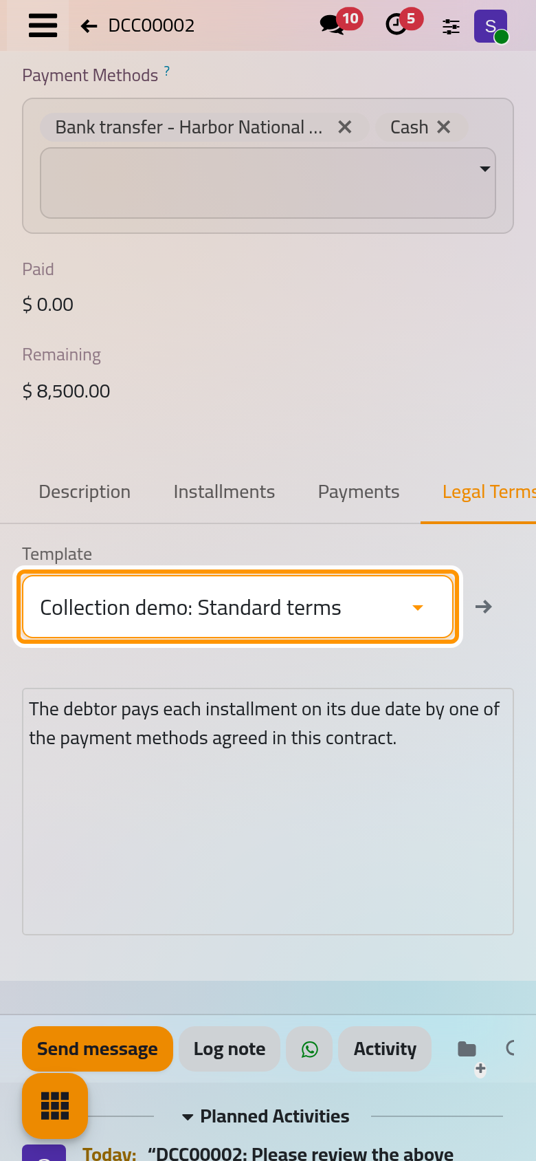 The template's text copied into the Legal Terms tab of DCC00002, where it can still be edited.