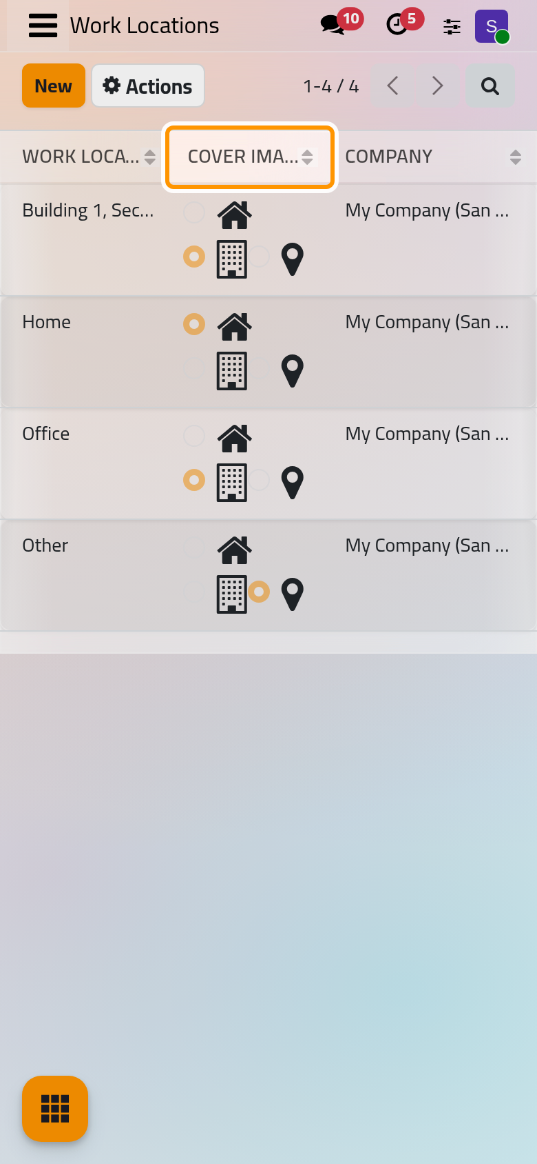 The work locations of the company, each with its kind, home, office or other.