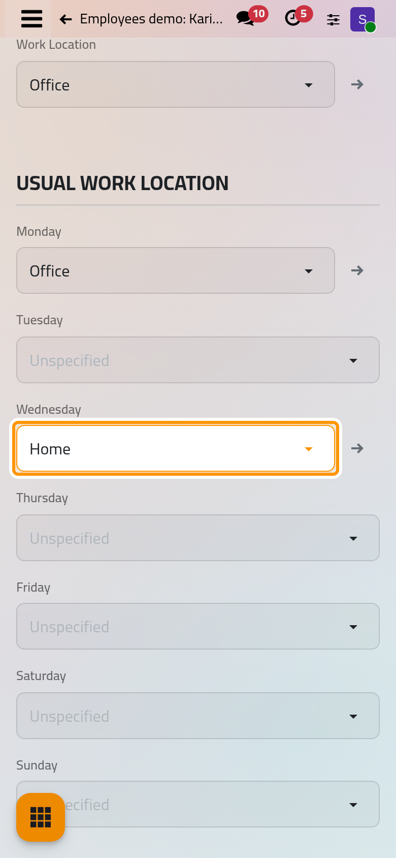 The usual work location of each day of the week, here the office on Mondays and home on Wednesdays.