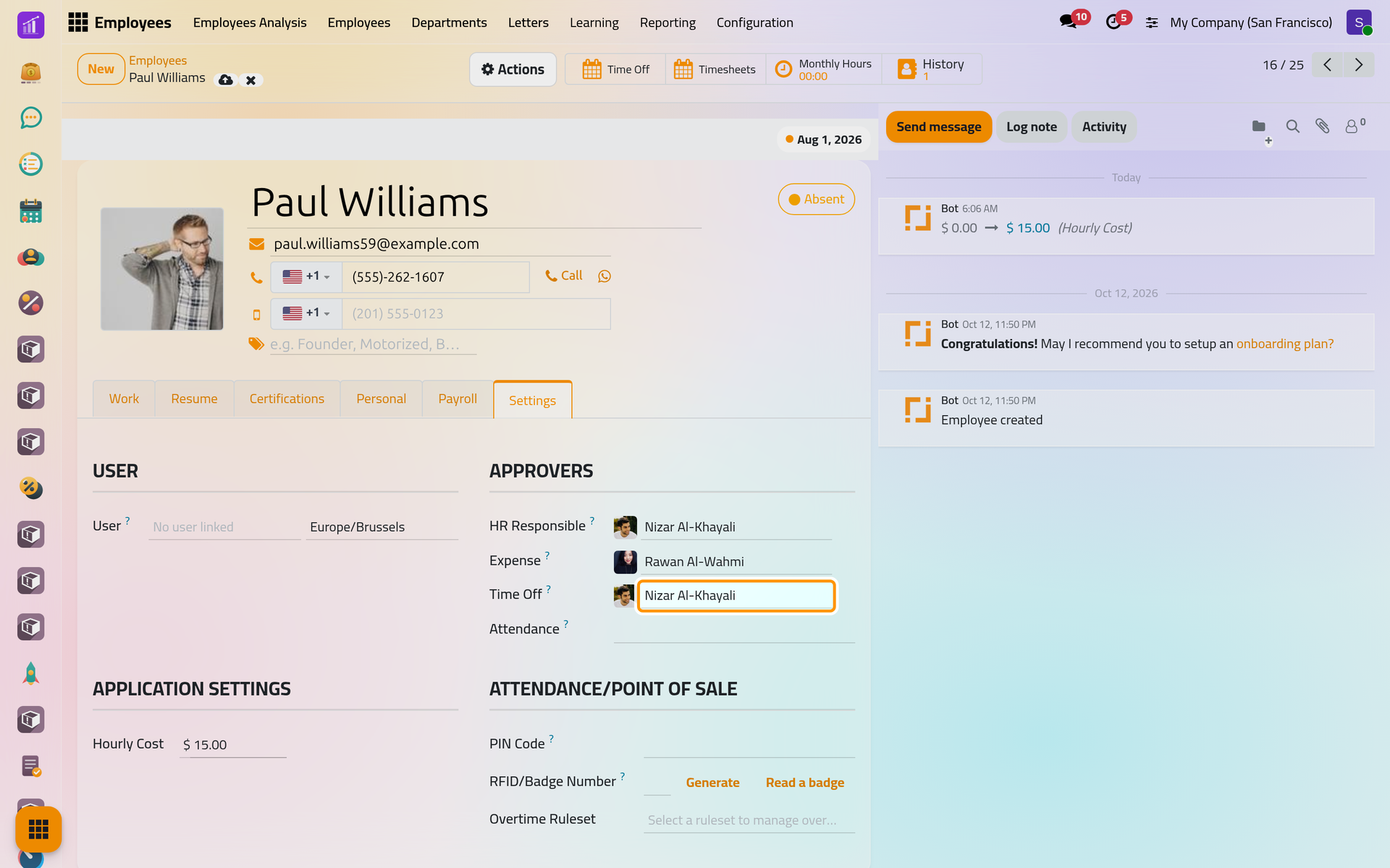 The Time Off approver of the employee, in the Approvers group of the Settings tab.