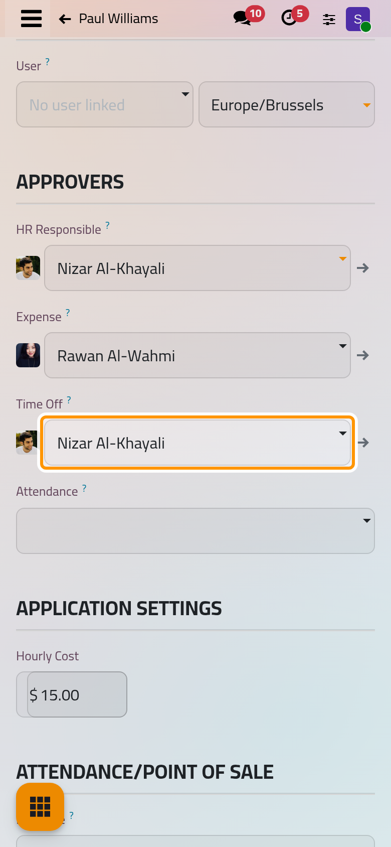 The Time Off approver of the employee, in the Approvers group of the Settings tab.