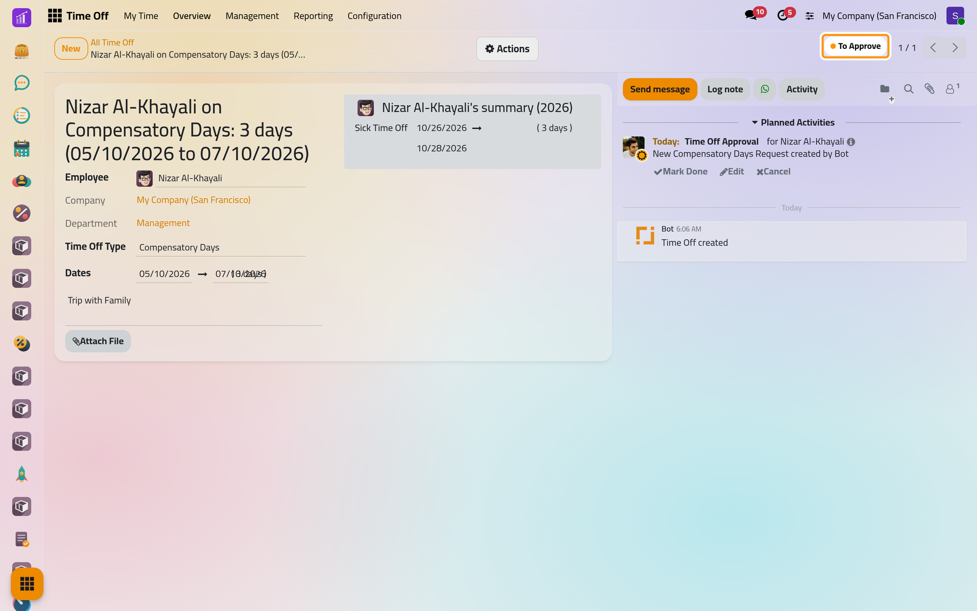 The request with its status, the employee's time off of the year on the right and the approval activity in the chatter.